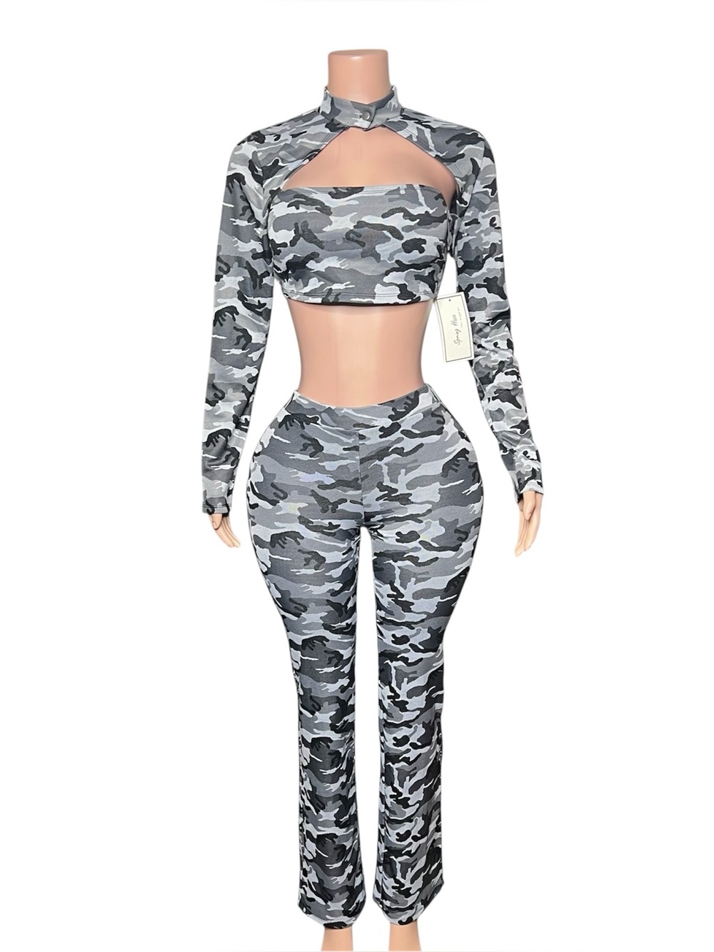 Gray Camo Three-Piece Straight-Leg Set with Cutout Top